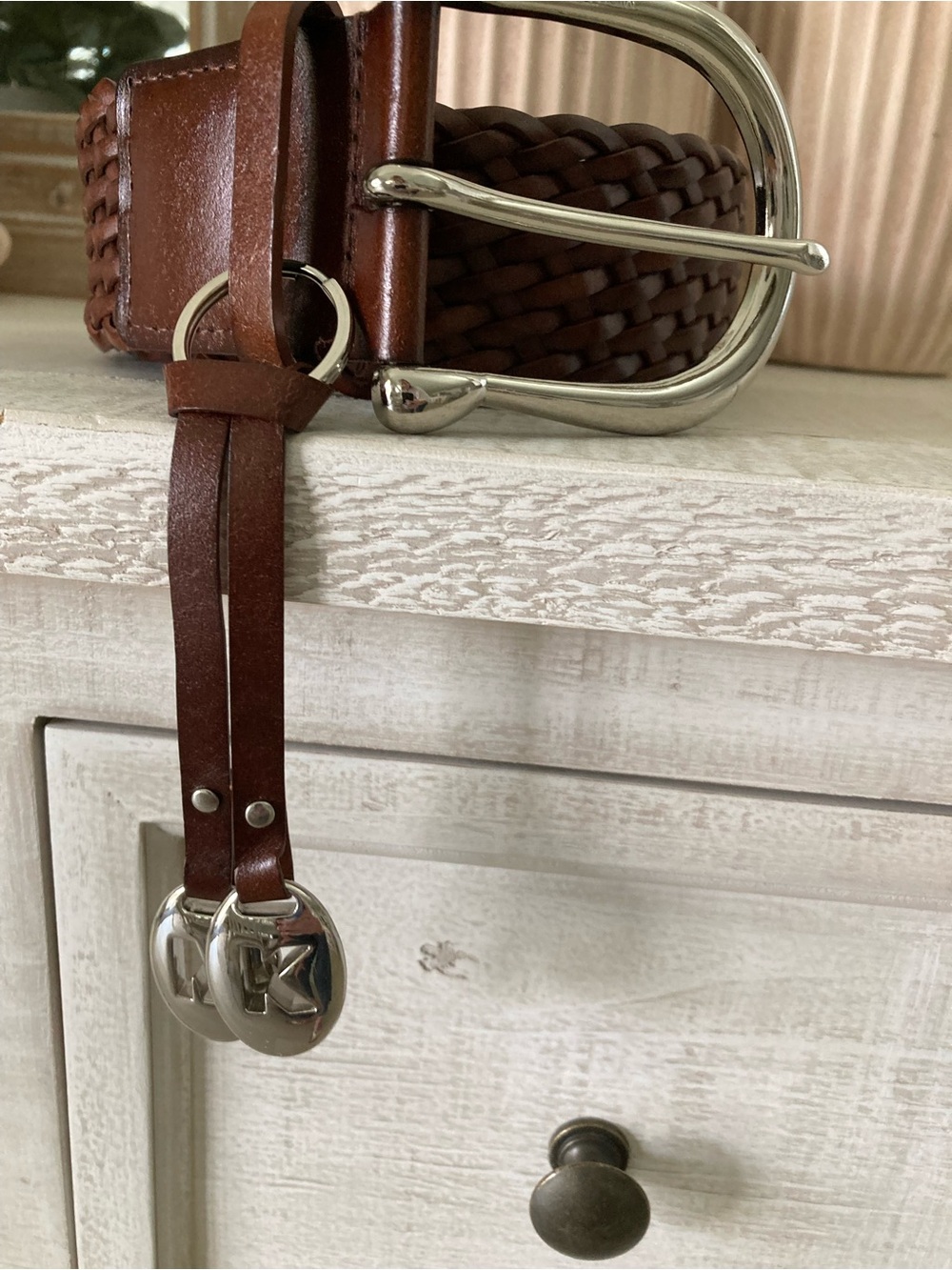 Michael Kors Brown Woven Leather Belt with Silver MK Charms - Picture 2 of 3